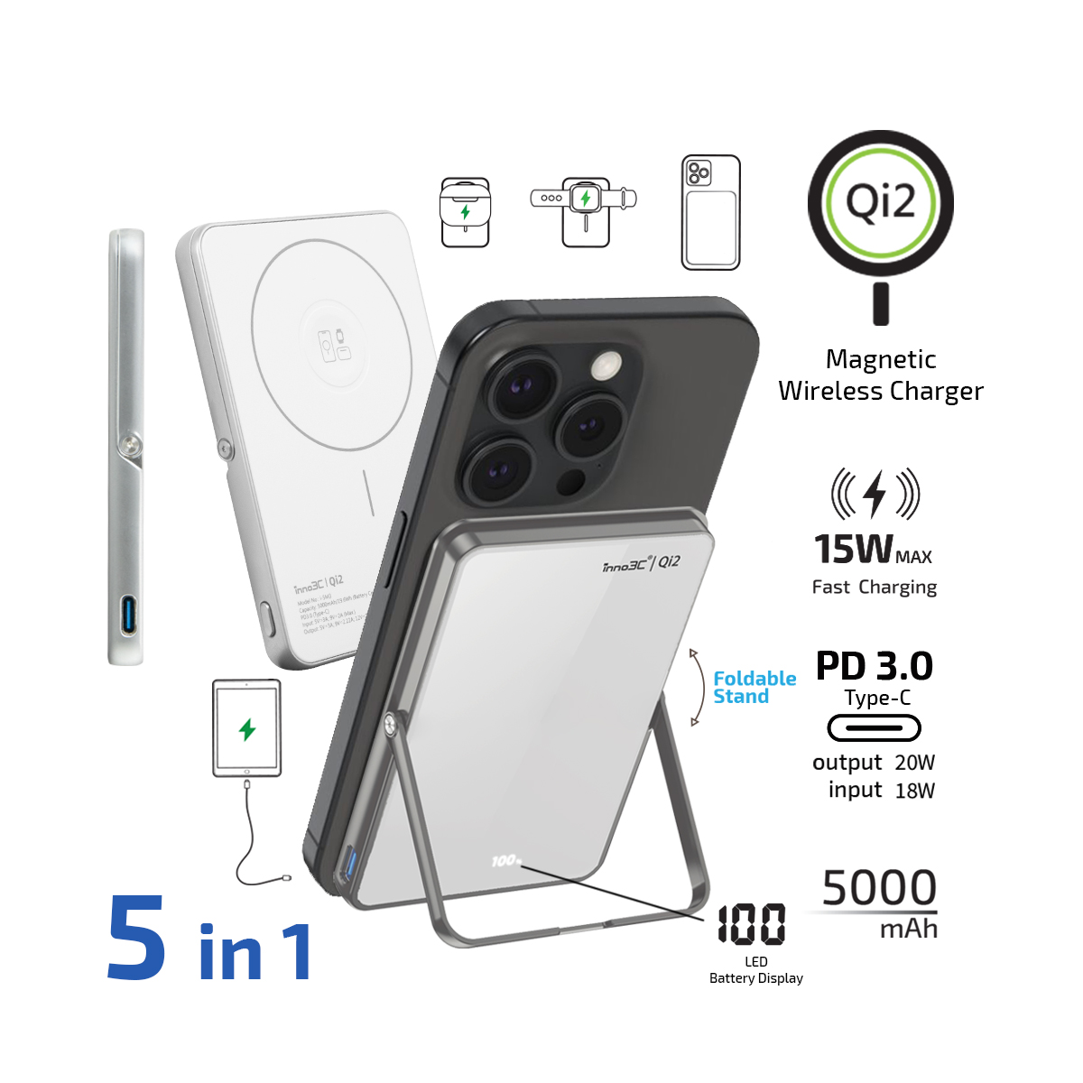 inno3C i-5M3 Qi2 超薄磁吸無線充移動電源帶支架 image number 2