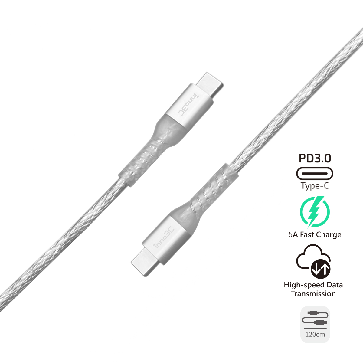inno3C i-100CA-12 Type-C to Type-C 100W 線 (透明銀色)