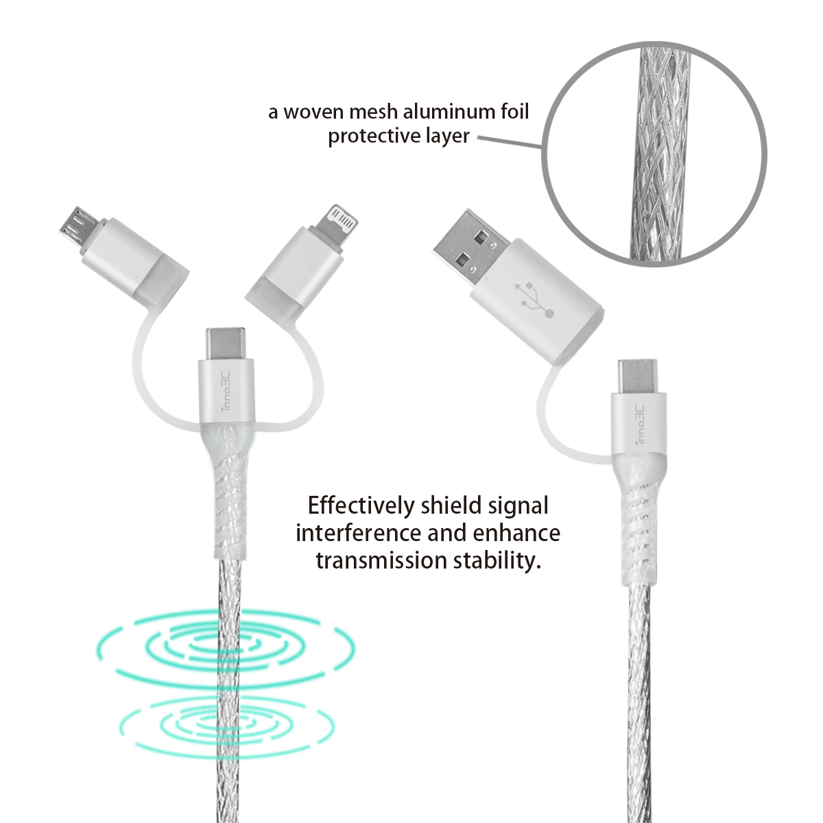 inno3C i-5CS-12  5 in 1 Lightning/Type-C/Micro toUSB/Type-C Cable (Transparent Silver), , large image number 1