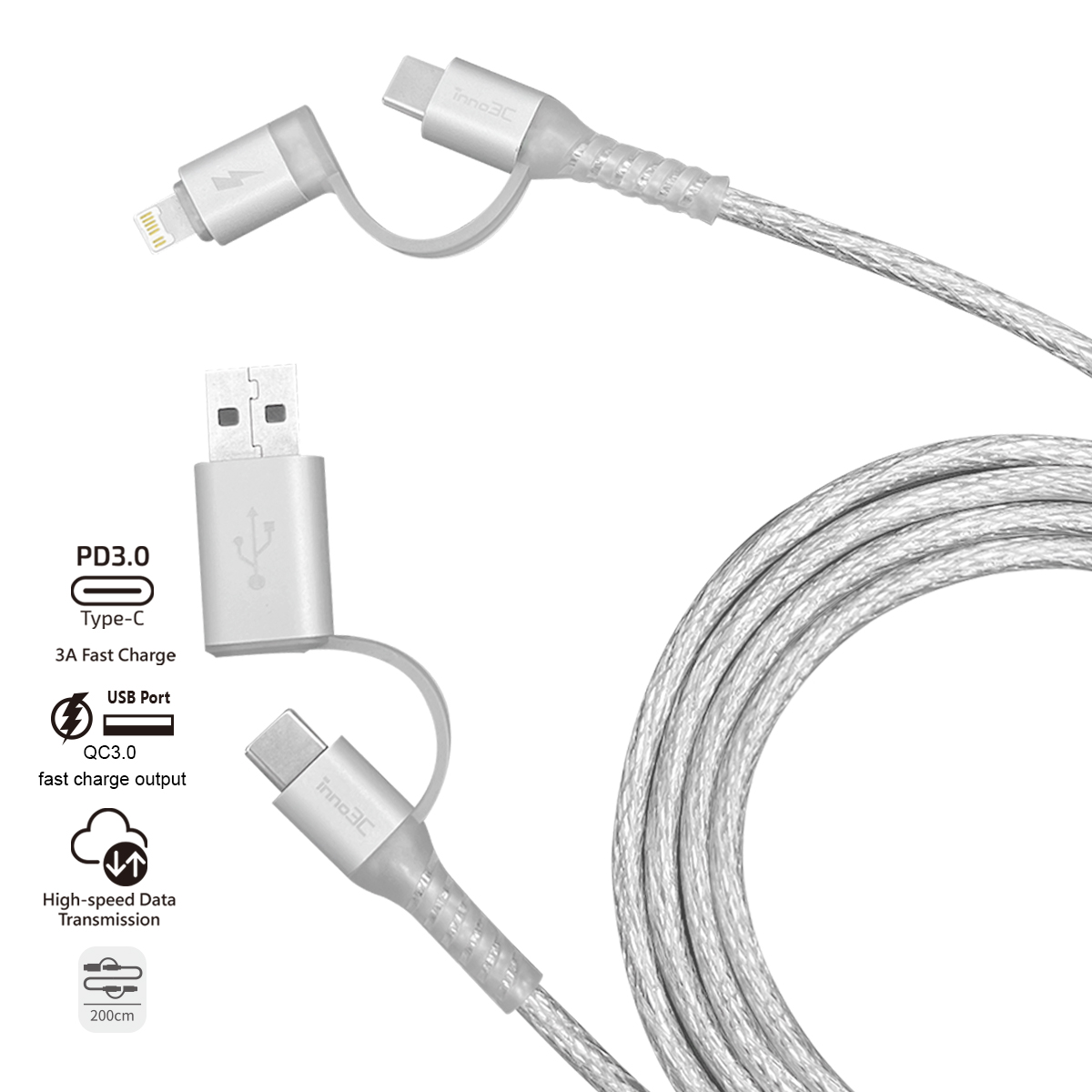 inno3C i-4LA-20 4 in 1 Lightning/Type-C to USB/Type-C Cable (Transparent Silver), , large image number 0