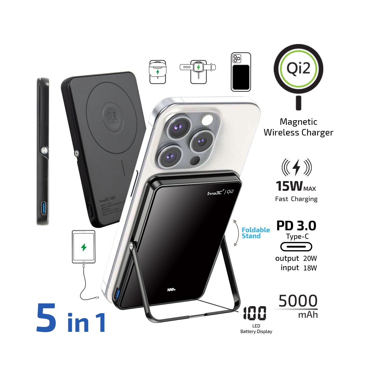 inno3C i-5M3 Qi2 超薄磁吸無線充移動電源帶支架