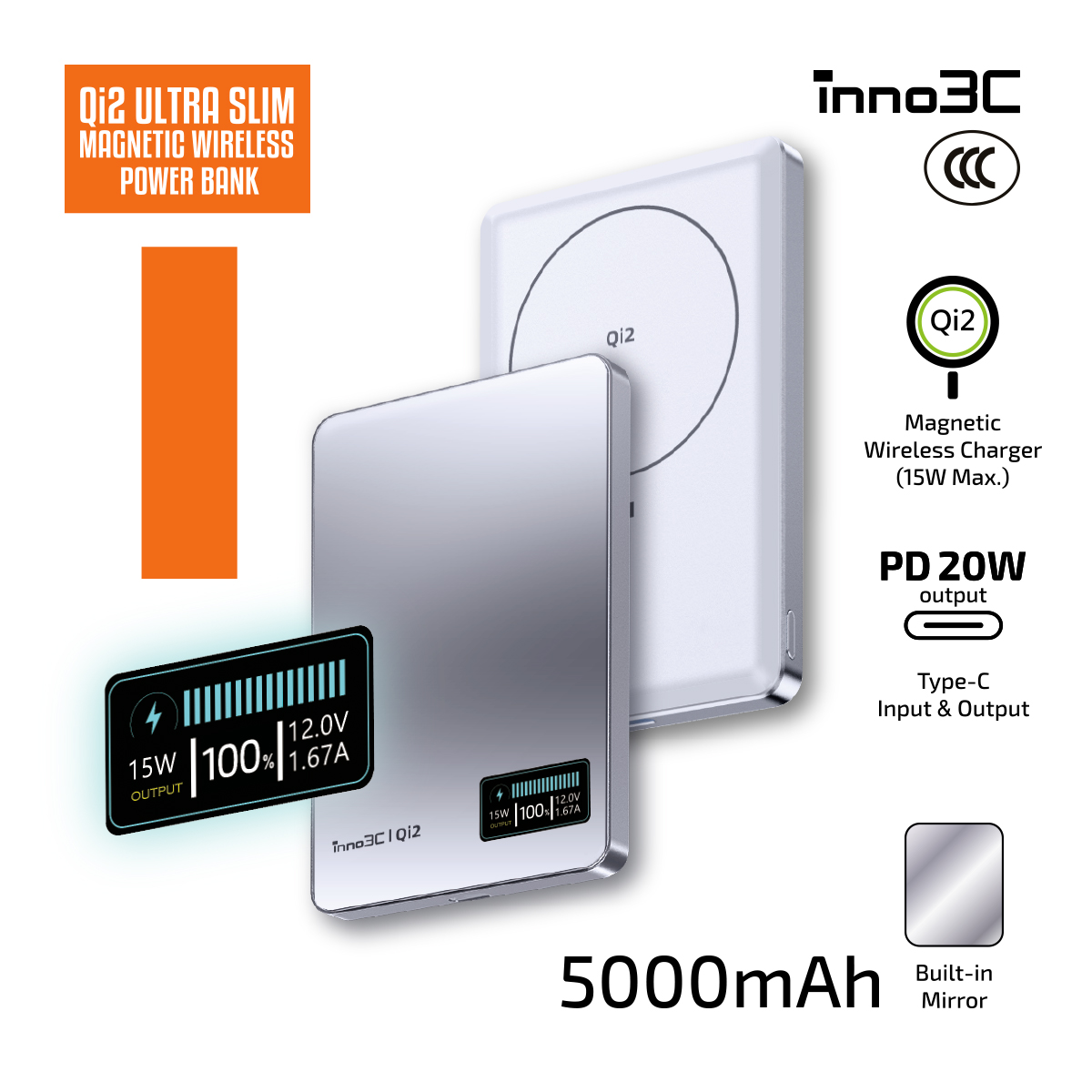 inno3C M0 OLED Qi2 超薄磁吸無線充移動電源 5000mAh (鏡面) (3C)