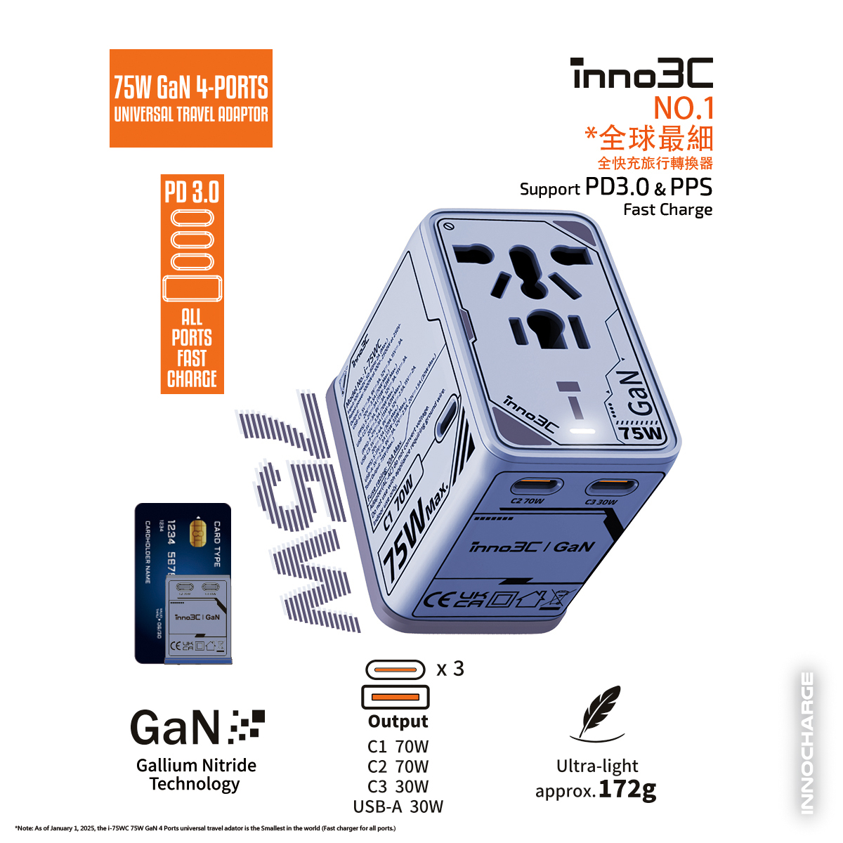inno3C i-75WC 75W GaN 4輸出旅行轉換插頭